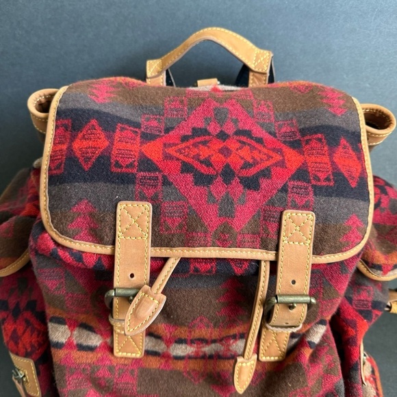 Mulholland Brothers Backpack Red Aztec‎ Navajo Print Wool Brown Leather Rucksack main image 10